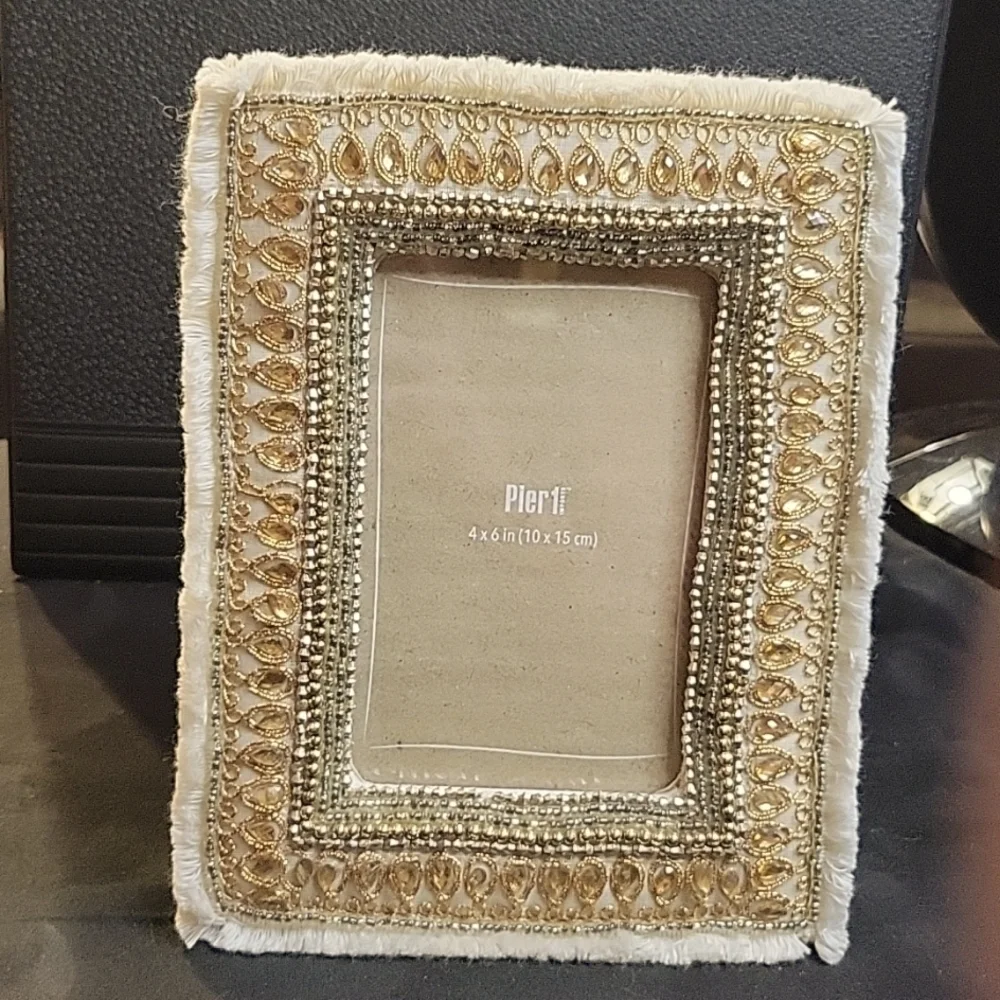Pier 1 Imports 4x6 Picture Frame Made From Fabric Of Gold & Silver Accents